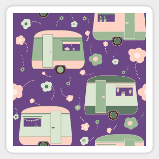 Repeat pattern of vintage caravans and daisies in pastel pinks and greens on purple Sticker